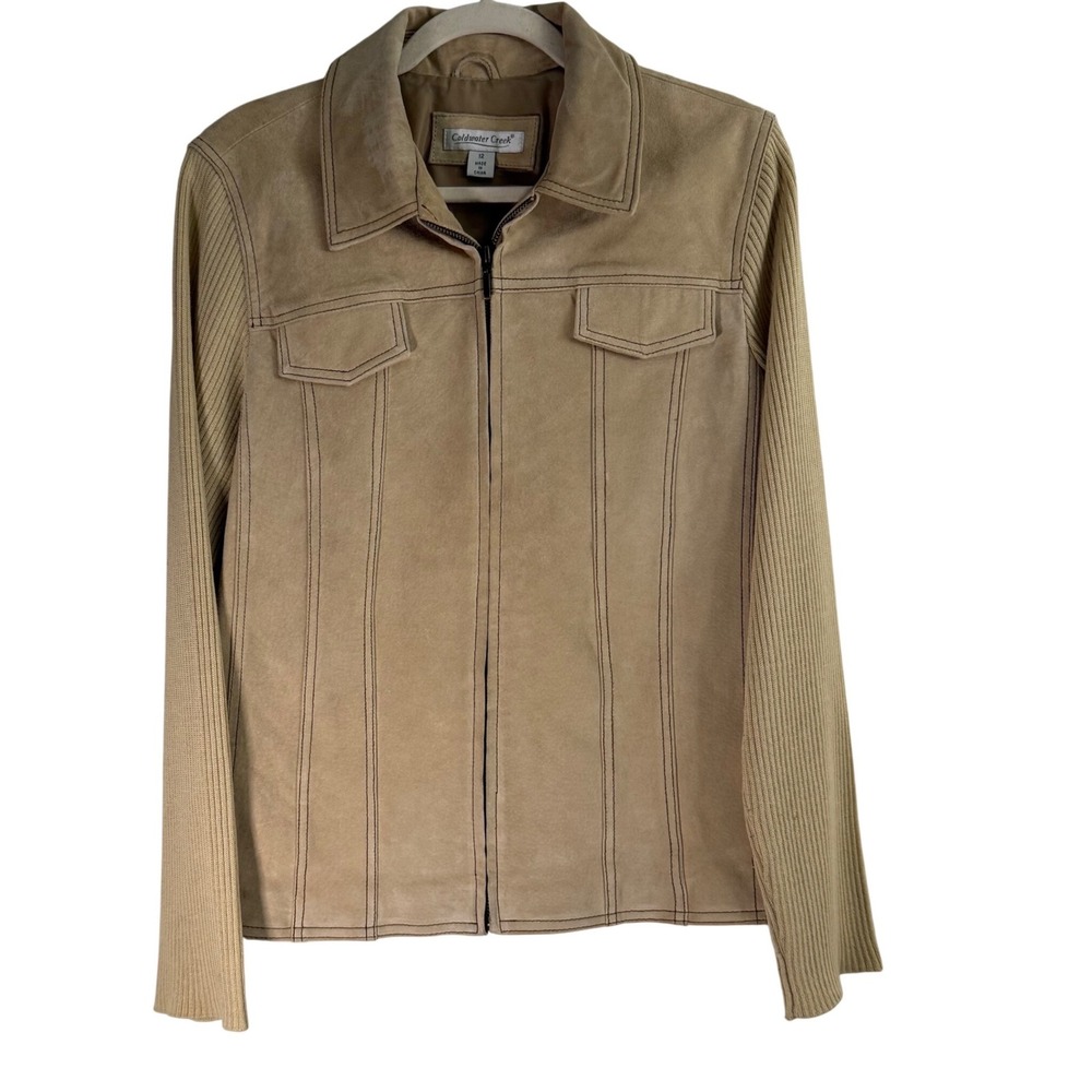Coldwater Creek Tan Leather Knit‎ Sleeve Coastal Cowgirl Jacket Boho Women's 12